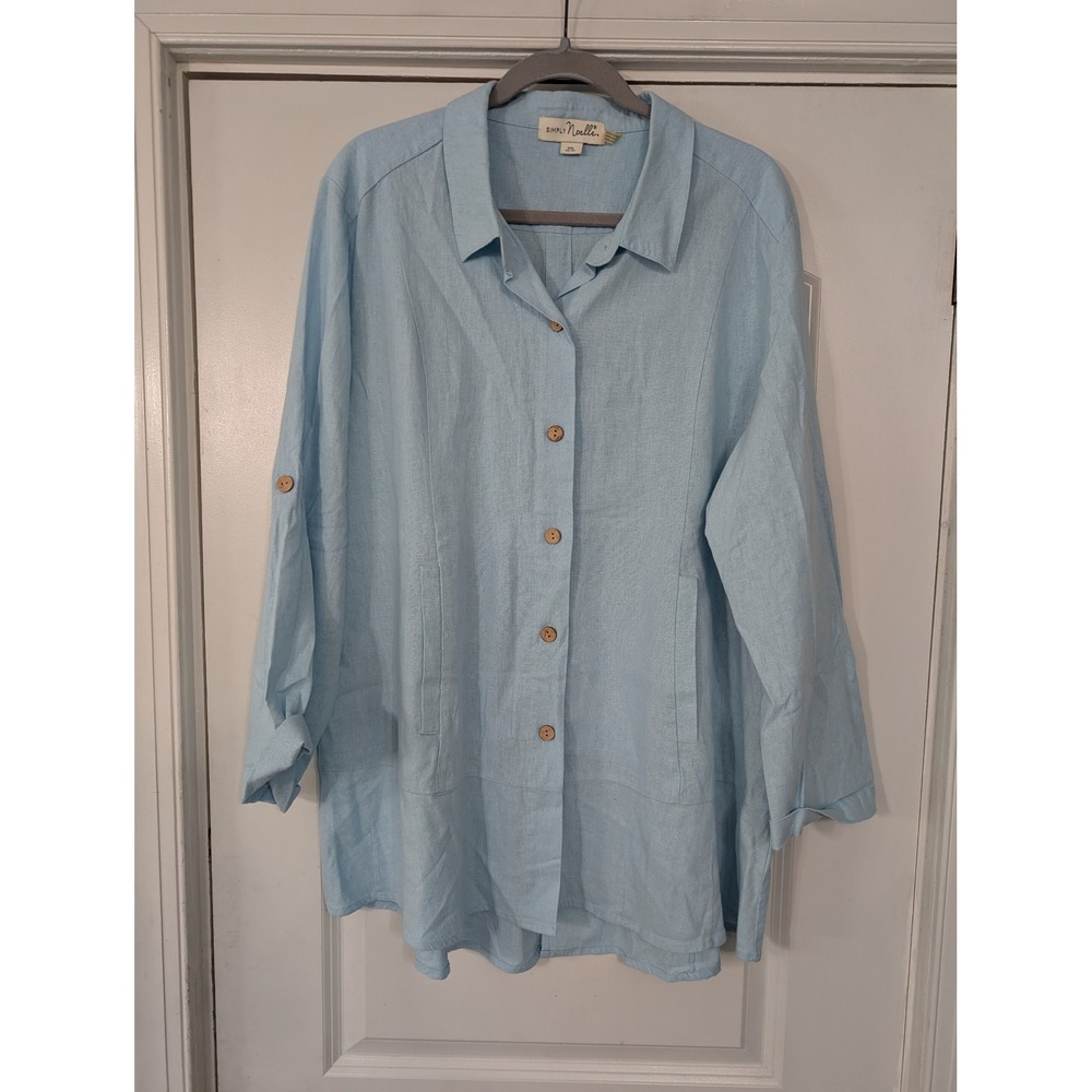 Simply Noelle Linen Womens XXL 18 Roll Tab Sleeve Button Down Shirt Blue‎ tunic